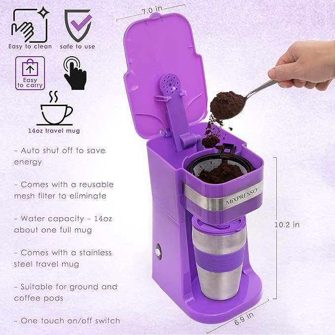 Mixpresso Purple Personal Single Serve Coffee Maker with 14oz Travel Mug Drip Small Coffee Maker with Auto Shut Off Reusable Filter Works with Ground Coffee Only – Not for K-Cup Pods