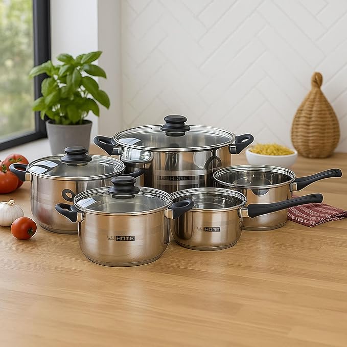 Well Home 8-Piece Stainless Steel Cookware Set + 3 Pans Diameter 16 x 20 x 24 cm Matte Blue Pressed Aluminium