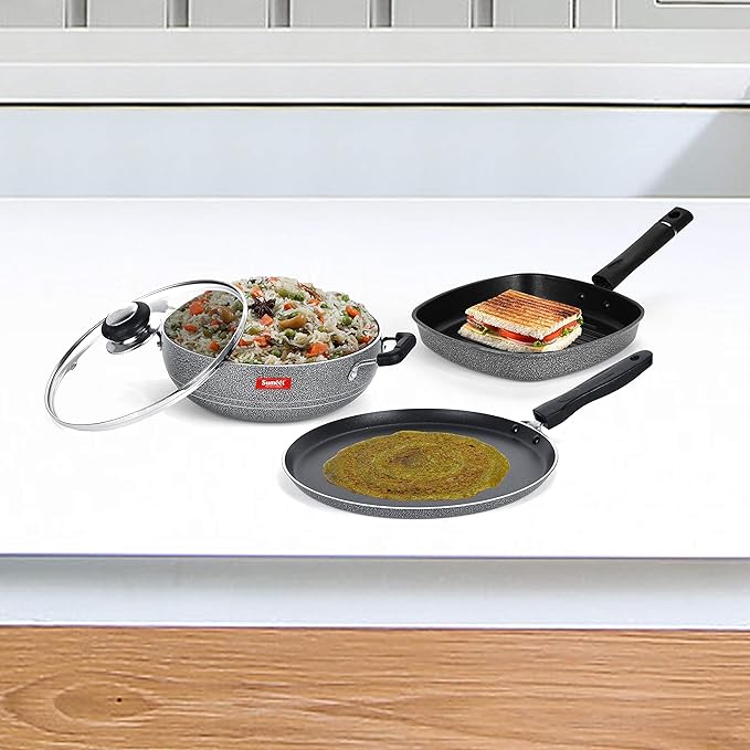 SUMEET NonStick Cawl Cookware Set (Dosa Tawa - 26.5Cm Dia Kadhai with Glass Lid -2Ltr - 22Cm Grill Pan)