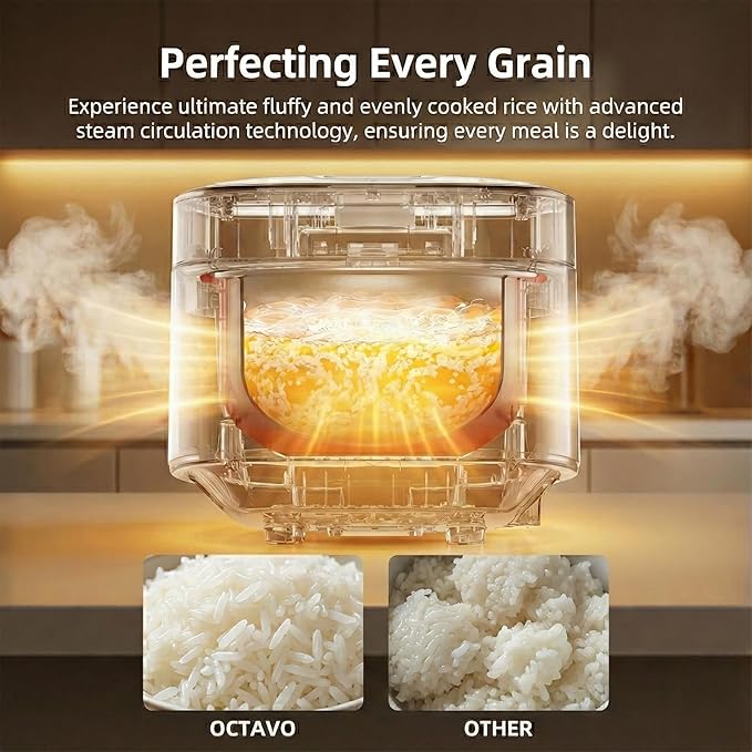 OCTAVO Low Carb Rice Cooker 5-Cup Uncooked Stainless Steel Inner Pot Low Sugar Rice Maker with 24H Timer and Auto Keep Warm Small Rice Maker LED Display White Rice/Brown Rice/Grains/Oatmeal Bead-