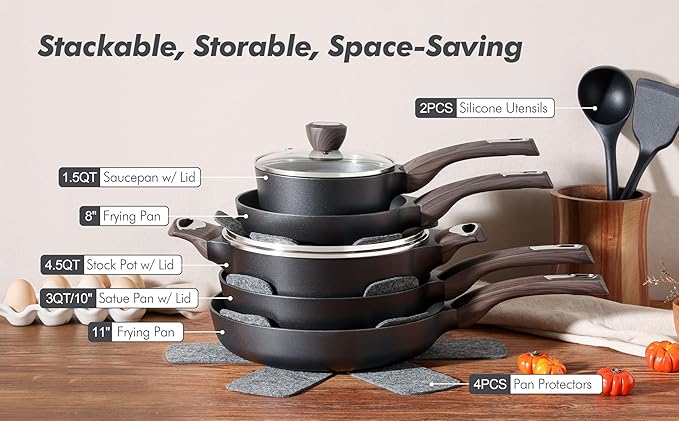 SENSARTE Pots and Pans Set Non stick Non toxic Healthy Induction Cookware Sets 14 Pcs Non Stick Kitchen Cooking Set with Frying Pans Set &amp Saucepan PFOA PFOS APEO Free Black