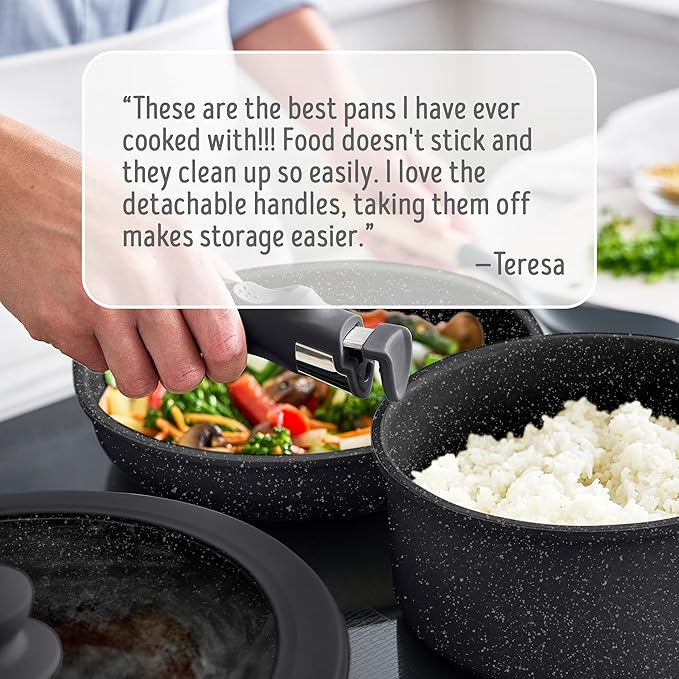 GreenLife 10 Piece Nonstick Pots &amp Pans Set Detachable Handle &amp Stackable Cookware Set Non Toxic PFAS-Free Skillets Induction Kitchen Pans Space Saving Serving Bowls Oven Safe Granite B