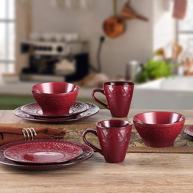 Lorren Home Trends 16 Piece Stoneware Scroll Dinnerware Set-Red