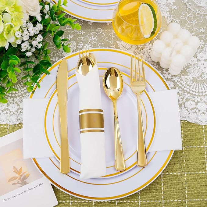 Nervure 400PCS Pre Rolled Gold Plastic Silverware Sets - Heavy Duty Gold Cutlery - Include 100 Pack Wrapped Disposable Utensils with Napkins for Parties Dinners &amp Weddings