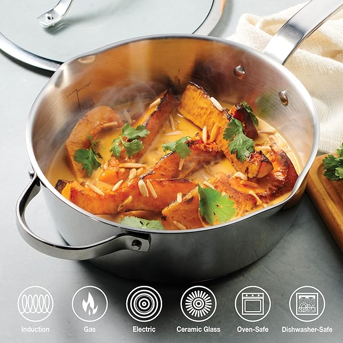 Tramontina Tempo Tri-Ply Base Stainless Steel 3.5-Quart Saute Pan with Glass Lid Induction-Ready Cooking Pan Oven-Safe Dishwasher-Safe
