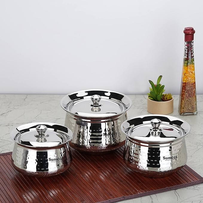 Sumeet Stainless Steel Handcrafted Hammered Texture Handi Set with Lid for Kitchen Set of 3 650ml 950ml &amp 1300ml Silver