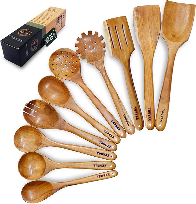 Wooden Spoons for Cooking – 10 Piece Teak Wood Cooking Utensils Set Wooden Spatula &amp Spoon Set for Nonstick Cookware Natural Heat Resistant Kitchen Tools with Gift Box