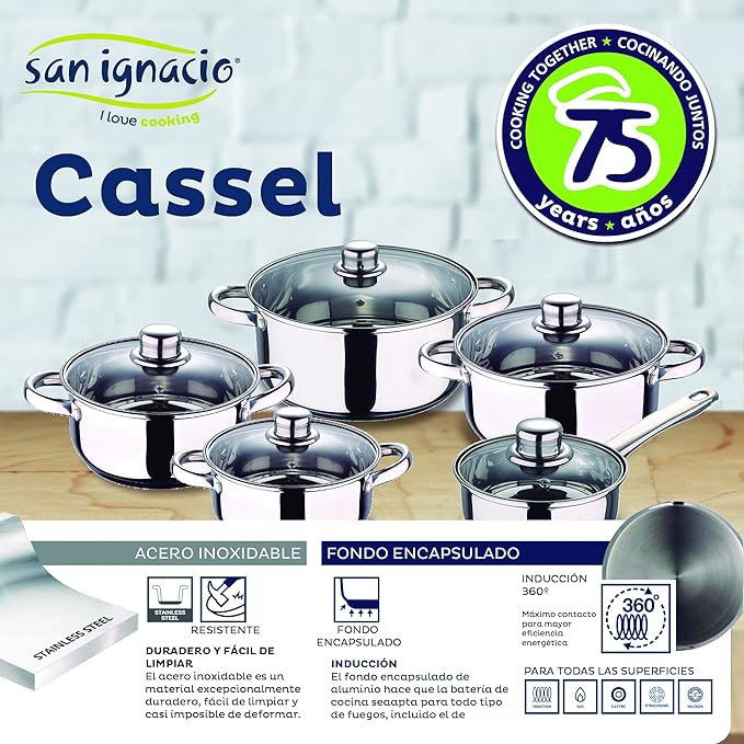 San Ignacio Cassel 12-Piece Stainless Steel with Frying Pan Set (16/20/24 cm) Paradise in Pressed Aluminium