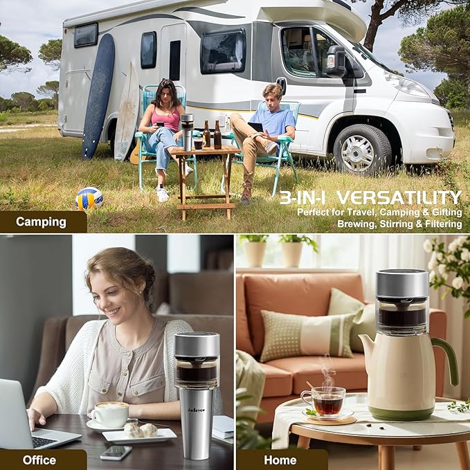 French Press Coffee Maker Cold Brew 2-6 Min Rapid Electric Coffee Press Portable Iced Tea Maker with Ultra-Fine Stainless Filter Loose Tea Press for Camping Travel Office &amp RV 16oz Cup