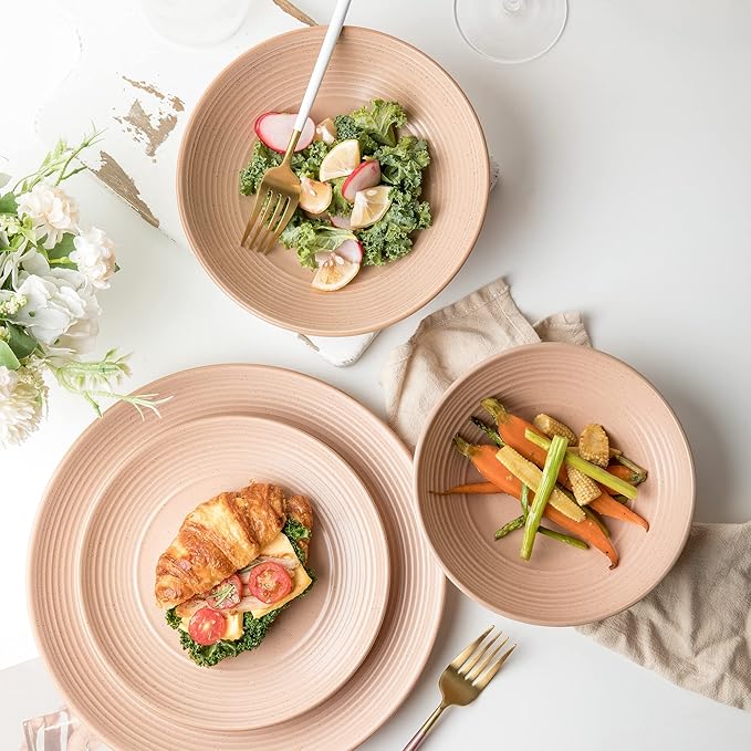 RINGAR Round Stoneware 16pc Dinnerware Set of 4 Dinner Plates Side Plates Cereal Bowls Mugs - Speckle Matte Coral (416867)