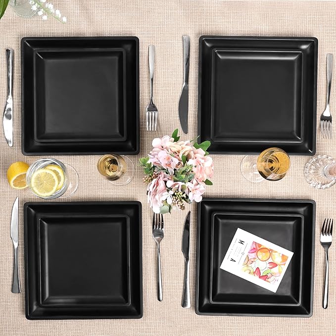 12 Piece Melamine Plates and Bowls Sets Square Dinner Set with Plates Dishes Bowls Black Square Dinnerware Sets -Serving Platers for 4 Dishwasher Safe