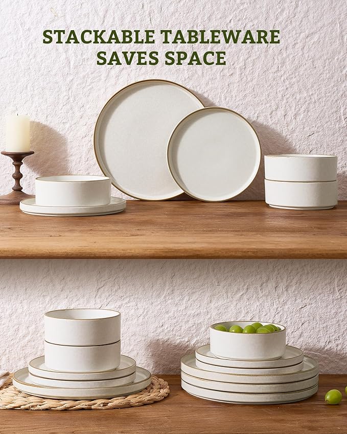 Famiware Nebula Plates and Bowls Sets 24 Pieces Stoneware Dinnerware Sets Reactive Glaze Dish Set Dishes Set for 8 Matte Beige White with Brown Rim