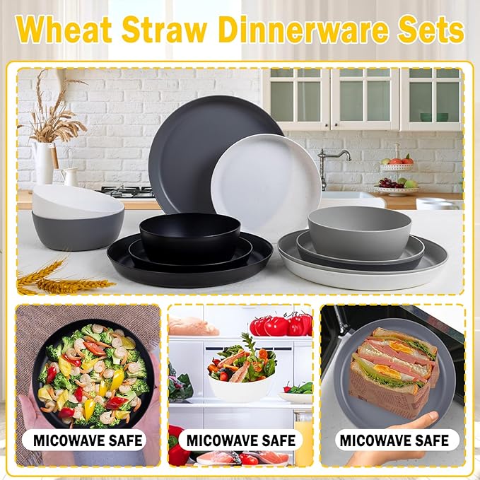 EI 12pcs Wheat Straw PlatesWheat Straw Dinnerware SetPlate and Bowls SetsPlastic Plates Reusable-WhiteBlackGreyDark GreyDinner Plate Set of 4 KitchenPicnic