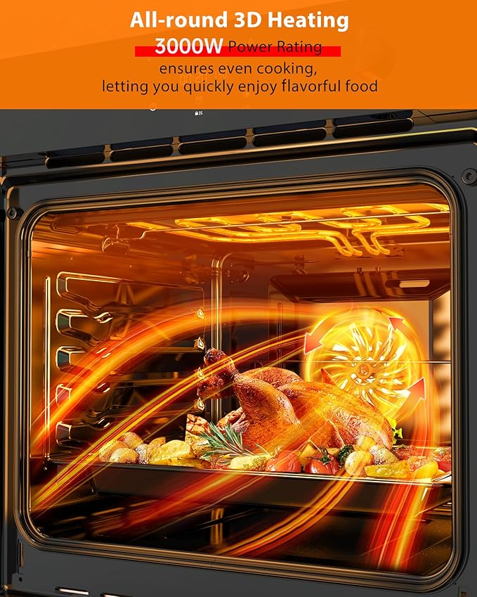24 Built-in Electric Oven - 2.5 CF Convection 3000W Power 240V 8 Cooking Modes Stainless Steel Finish Mechanical Controls Transparent Window Black Design