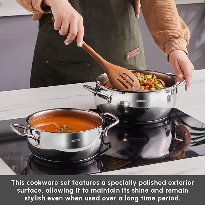 Karaca Emirgan 8-Piece Cookware Set Made of Steel Pot Set Cookware Set Cookware Sets Stainless Steel Suitable for Induction with Glass Lid and Stainless Steel Pot Set
