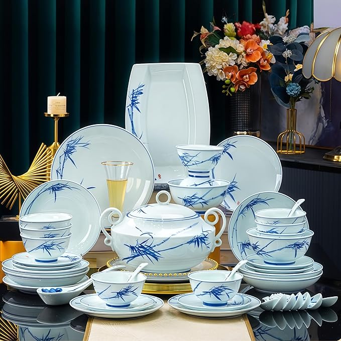 Fine Bone China Dinnerware Set Porcelain &ampCeramic Dinnerware SetsBone Stoneware &amp Ceramic Cookware Tableware Set Includes Dinner Plates|Spoons|Pasta Bowls|Soup Pot|Chopsticks (56 PCS)