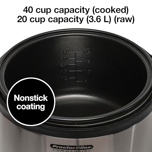 Proctor Silex Commercial 37540 Rice Cooker/Warmer 40 Cups Cooked Rice Capacity Nonstick Inner Pot Hinged Lid Stainless Steel Housing Conforms to NSF