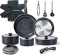 Chef Power Ceramic Nonstick Cookware Set 19 Piece with Detachable Handle Induction Dishwasher Oven Safe Pans and Pots Set RV Kitchen Set Removable Handle Rock Stone Black