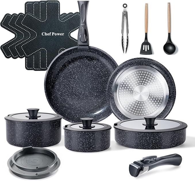 Chef Power Ceramic Nonstick Cookware Set 19 Piece with Detachable Handle Induction Dishwasher Oven Safe Pans and Pots Set RV Kitchen Set Removable Handle Rock Stone Black