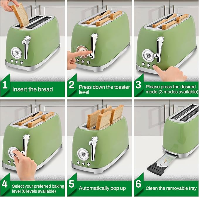 SUSTEAS Toaster 4 Slice Wide Slot Stainless Steel Bread Bagel Toasters Retro Long Slot Tostadora for Defrost Reheat Removable Crumb Tray 1500W 6 Browning Settings Green