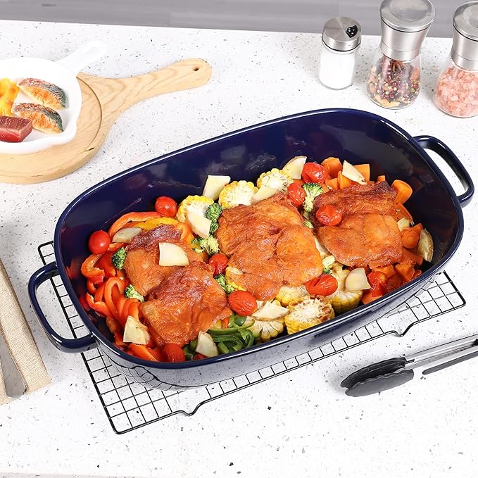 4.5 Quart Ceramic Baking DishServing Bakeware for CasseroleLasagnaGratinBroilingRoastingand Baking.Large Deep 14x10x3.11 inches PanSafe for Oven Microwave Refrigerator Disinfection Cabinet and