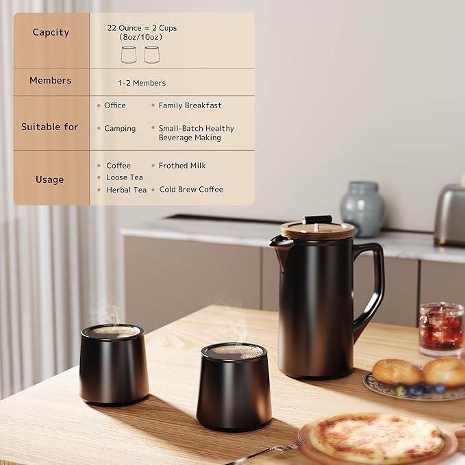 DHPO Ceramic French Press Coffee Maker 22oz Single Serve Coffee Press with Walnut Wood Lid Lead-Free Food Grade Stainless Steel Filter with Dual Screen for Coffee and Loose Tea Black