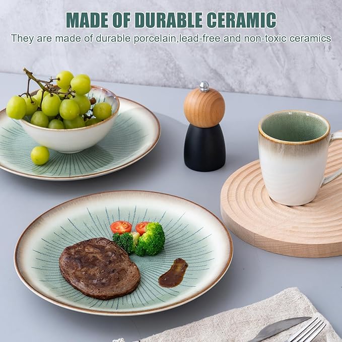 Dinnerware Set Green Stoneware 16 Pieces Service for 4 Stoneware Plates and Bowls Set Highly Chip Dishwasher Microwave Safe Dishes set