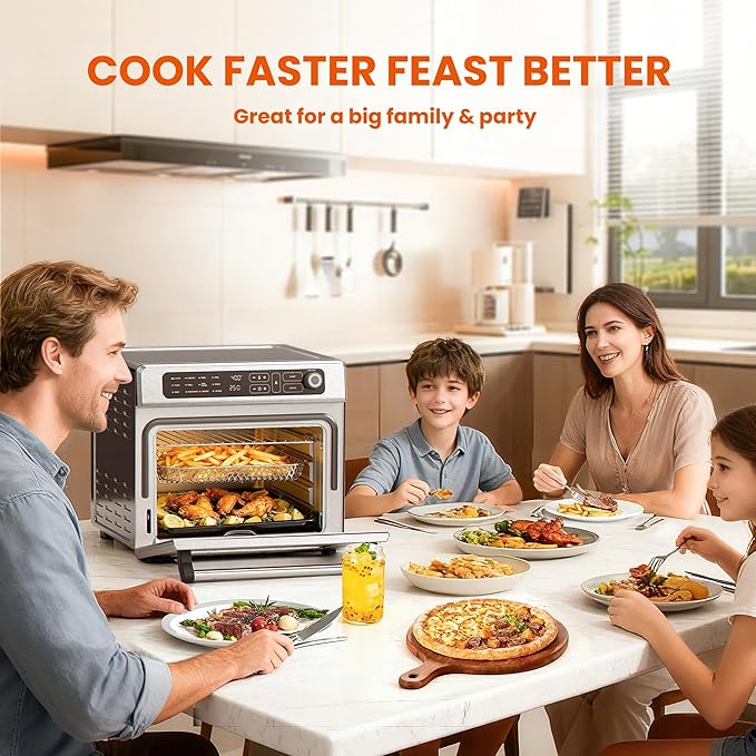 25QT Air Fryer Toaster Oven Combo 12-in-1 Large Convection Airfryer Oven with 70–450℉ Temperature Control &amp 60-Minute Timer Bake Roast &amp Broil Fits 12″ Pizza(Silver)