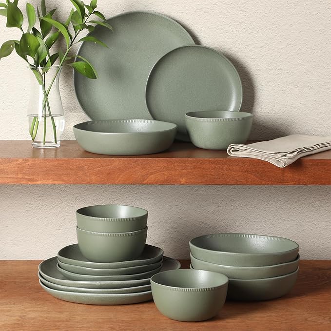 Gibson Elite Menlo Park 16-Piece Pottery Clay Stoneware Dinnerware Set – Green Reactive Glaze Organic Shape Embossed Plates and Bowls W/Pasta Bowl Service for 4 – Microwave &amp Dishwasher Safe