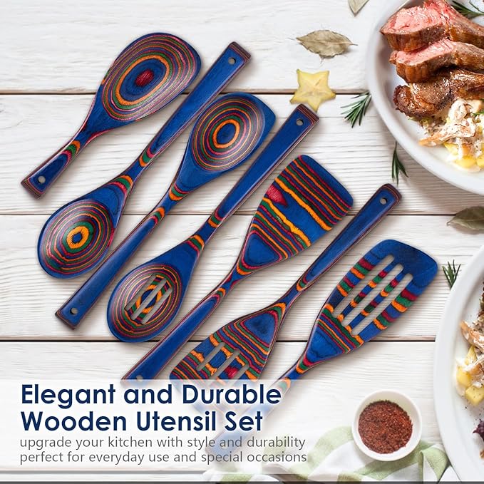 Wooden Spoons for Cooking Pakkawood Kitchen Utensil Set Spectrum Color Premium Durable Wooden Utensils for Nonstick Cookware Heat Resistant Smooth Finish Comfortable Grip 7 Piece