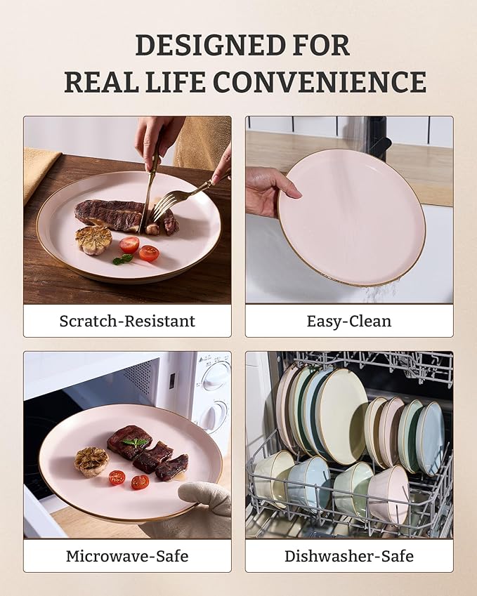 Famiware Saturn Dinnerware Sets Plates and Bowls Sets for 4 12 Pieces Stoneware Dish Set - Chip and Scratch Resistant Microwave and Dishwasher Safe Tableware Set Light Pink with Rim