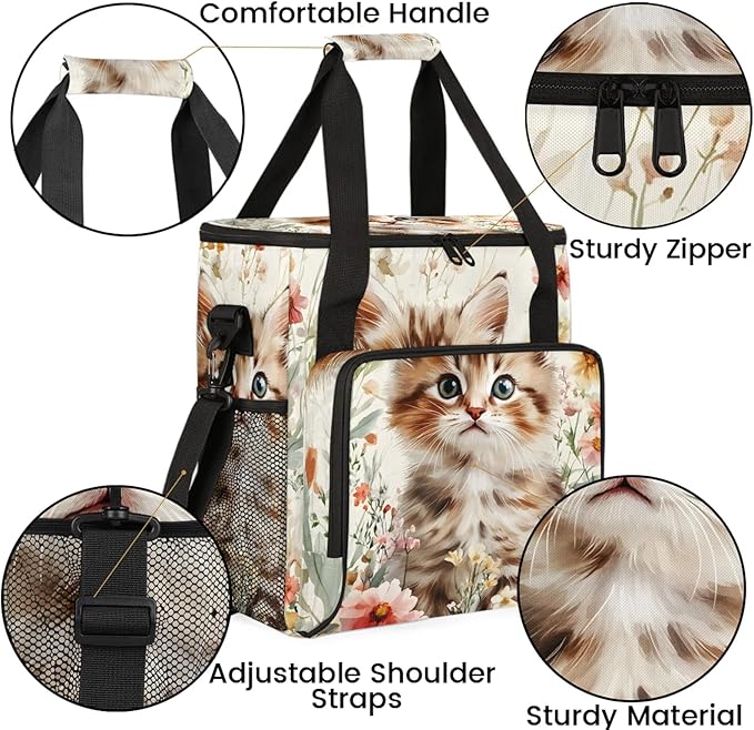Cat Floral Coffee Maker Travel Bag Cute Cat Insulated Grocery Bag Travel Picnic Leakproof Cooler Bags With Shoulder Strap