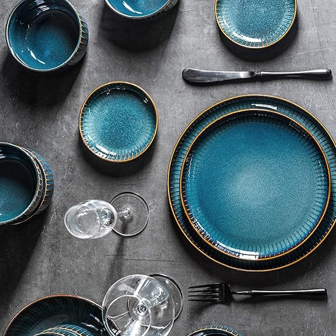 Blue Dinnerware Sets Plates and Bowls Sets Stoneware Dish Set Round Reactive Glaze Stoneware Dinnerware Set (24 Pieces)