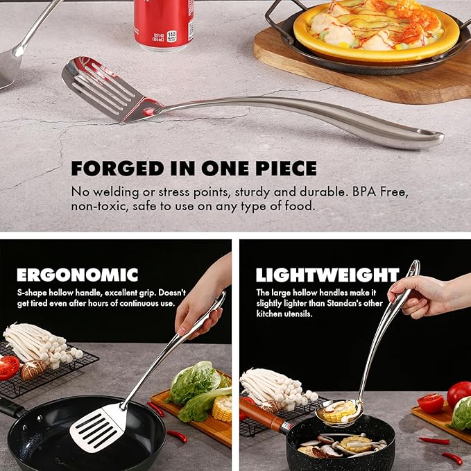 18/10 Stainless Steel Kitchen Utensils Set with Holder - 15″ Spatula Spoon Set with Storage Organizer for Countertop Fork Tongs Spatula Ladle Skimmer Turner Spaghetti Large Spoon Set of 12