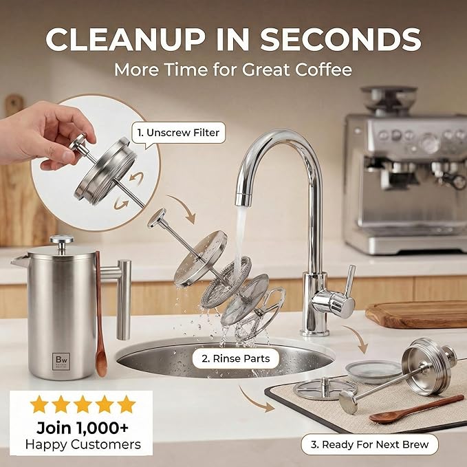 Barista Warrior French Press Coffee Maker Stainless Steel with Built-In Thermometer - Insulated Double Wall Design Dual Filter System Stay-Cool Handle &amp Wood Spoon - Silver