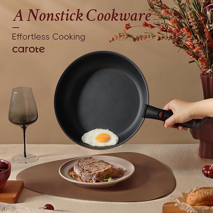 CAROTE Pots and Pans Set Non Stick Cookware Sets Oven/Fridge Safe Space Saving Pots Set 11pcs Kitchen Set Nonstick Set with Versatile Removable/Detachable Handle Induction RV Set Red and Black