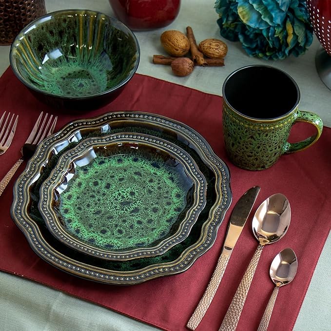 16 Piece Green Stoneware Dinnerware Set – Textured Plates Bowls and Mugs Microwave &amp Dishwasher Safe High Gloss and Matte Finish