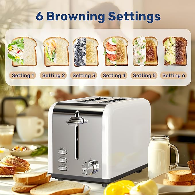 YSSOA 2-Slice Toaster with 6 Browning Setting and 3 Function Extra Wide Slot &amp Removable Crumb Tray Retro Stainless-Steel Style for Bread &amp Waffle White