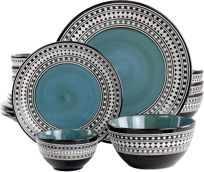 Blue Sage 16 Piece Stoneware Dinnerware Set – Double Bowl Design Microwave &amp Dishwasher Safe Plates and Bowls for Everyday Dining