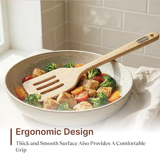 Koppen Rubber Wood Kitchen Utensils Set Durable Wooden Cooking Spoon and Spatula Ladle for Nonstick Cookware Non Toxic Heat Resistant Smooth Grip Modern Elegant Design for Everyday (7 Piece Set)
