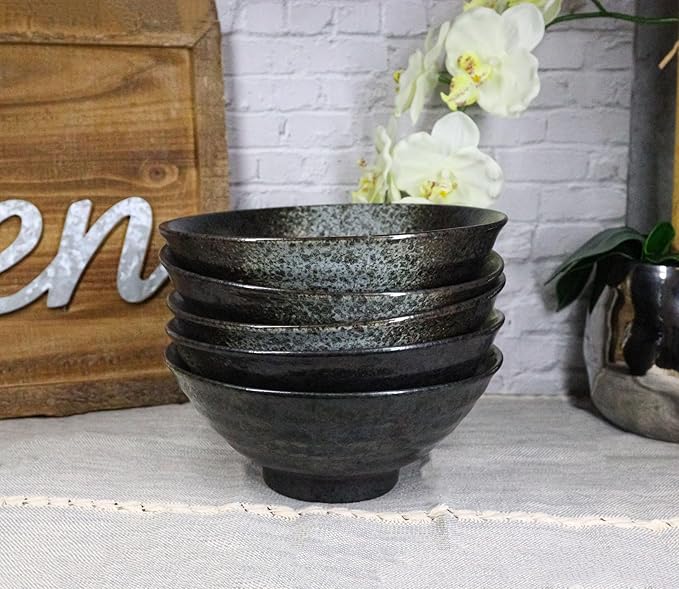 Ebros Gift Artistic Charcoal Grey Tone Hakumu Collection Dinnerware Serveware Kitchenware Set Asian Japanese Restaurant Supply (Pack Of 5 Large Ramen Soup Dinner Bowl 40oz)