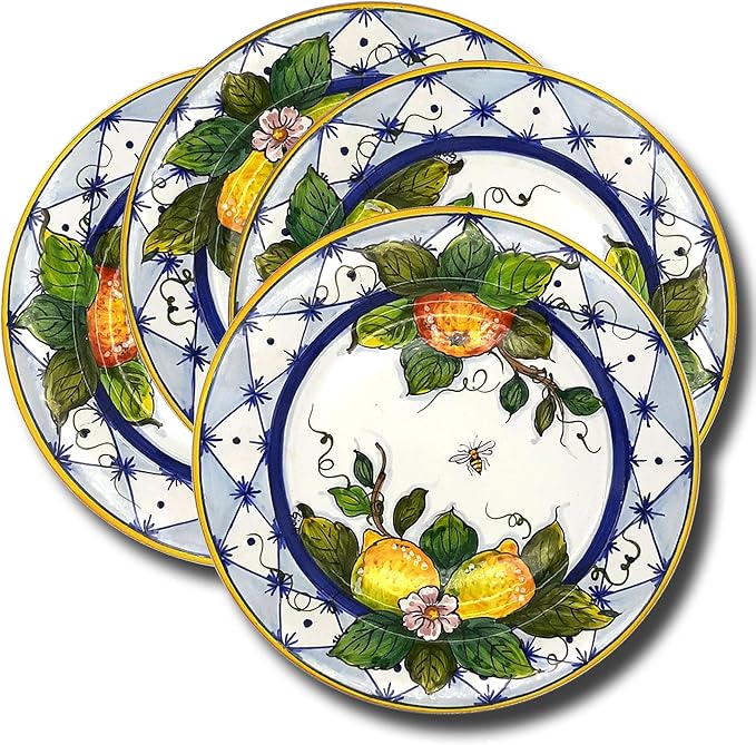 Hand-Painted Italian Ceramic Dinnerware Set - Service for 4 - Vibrant Ischia Lemon Design - Authentic Tuscan Pottery Plates for Everyday Dining &amp Kitchen Decor - Made in Italy