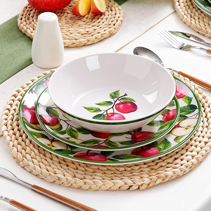 Melamine Dinnerware Set for 4 Apple Plates and Bowls Set 12pcs Melamine Dish Set with Green Edge Elegant Kitchen Dishes Lightweight Tableware for Picnic Camping RV Dishwasher Safe