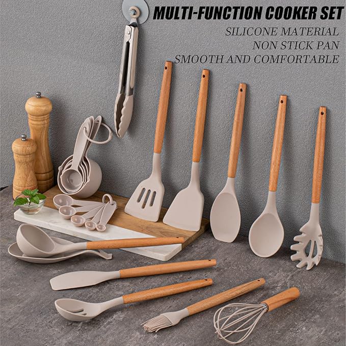 34 Pieces Silicone Cookware Set Wooden Handle Heat Resistant Kitchen Gadgets Non-Stick Cookware Cooking Tools Storage Bucket (red)