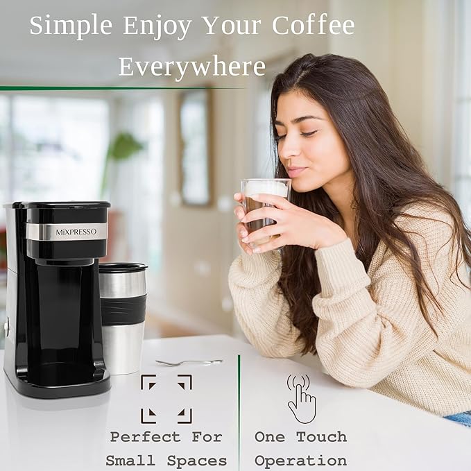 Mixpresso Personal Single-Serve Coffee Maker &amp 14oz Travel Mug Drip Small Coffee Maker &amp Tumbler Auto Shut Off &amp Reusable Filter Compatible with Coffee Grounds Bundle With Electric Milk