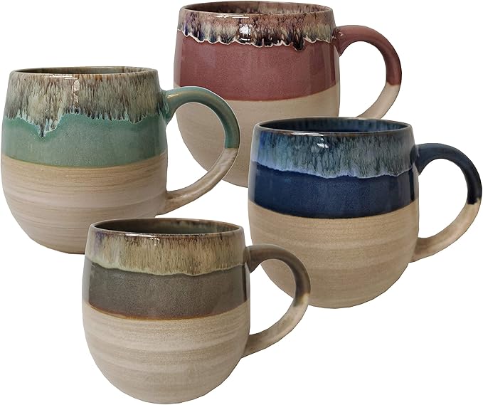 Tabletops Gallery Tuscan Reactive Glaze Stoneware- Platter Serving Bowl Mixing Bowl Mug Tuscan 26 Ounce Jumbo Oversized Mugs (Set of 4- Blue Green Brown and Pink)