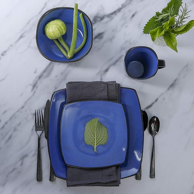 Gibson Elite Soho Lounge Square Reactive Glaze Stoneware Dinnerware Set Service for 4 (16pc) Sapphire