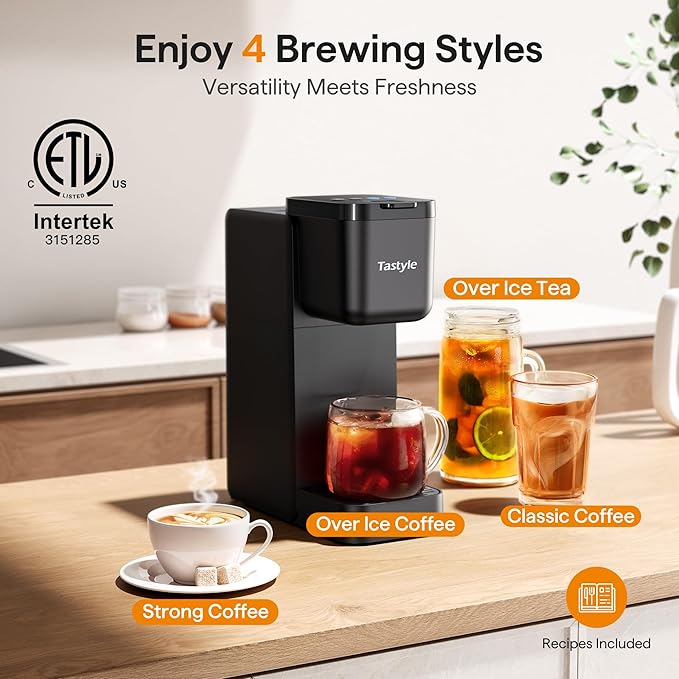 Single Serve Coffee Maker for K Cup Ground and Tea Leaves Hot and Iced Coffee Machines with Bold Setting 6 to 16 Oz Brew Sizes Compact for Small Spaces Black (2.0 Version)