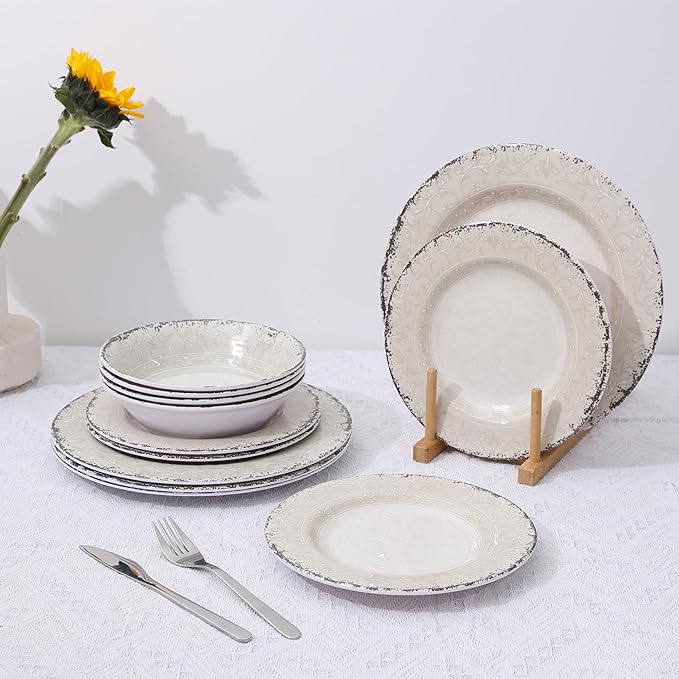 Melamine Dinnerware Set for 4 12-Piece Rusty Gray – BPA-Free Dishwasher-Safe Plates &amp Bowls for Indoor Outdoor Dining Portable and Reusable