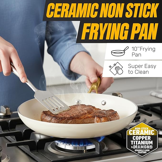 Gotham Steel 15 Pc Ceramic Cookware Set Ceramic Pots and Pans Set Non Stick with Cooking Utensils and Steamer Non Toxic PFOA PFOS Free Premium Gold Stay Cool Handles Oven &amp Dishwasher Safe